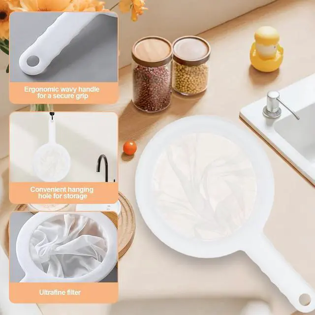 Alt view image 3 of 6 - Ultra-Fine Nylon Mesh Strainer- Mini Kitchen Colander for Coffee, Milk, Yogurt, Juice - Non-Slip Handle & Hanging Hole (200 Mesh)