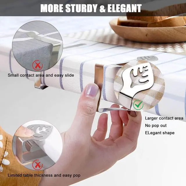 Alt view image 4 of 6 - Table Cloth Holder Clips 10 Pack, Leaf Shape Picnic Tablecloth Clip Outdoor Large Heavy Duty Stainless Steel Decorative Cover Clamp Pin for Party Wedding Restaurant Camping RV Essential Accessories
