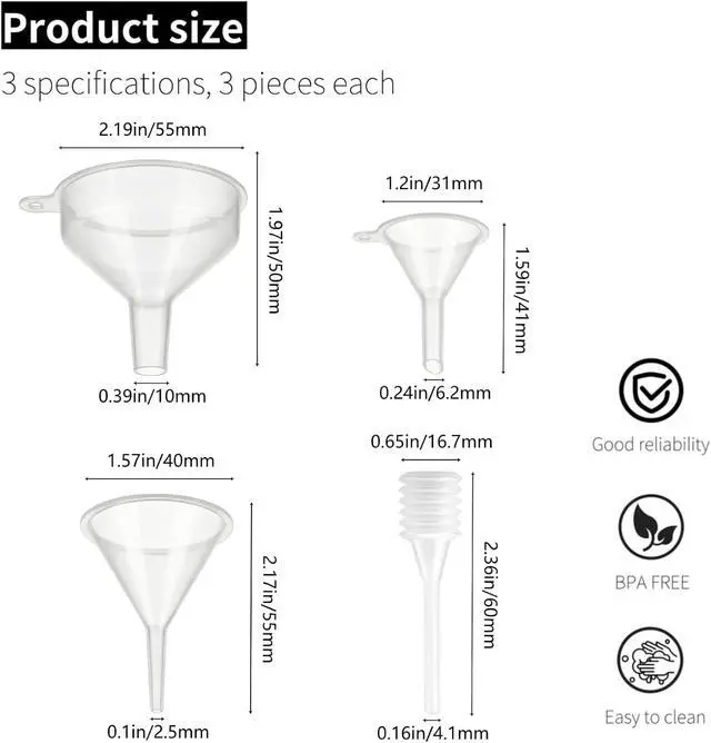 Alt view image 2 of 7 - Small Funnel Kit, 9 Pack, 3 Sizes with Droppers for All Small Bottles | Ideal for essential oils, kitchen, water bottles, skincare, hair & body care, capsules, pet use & precision DIY dispensing