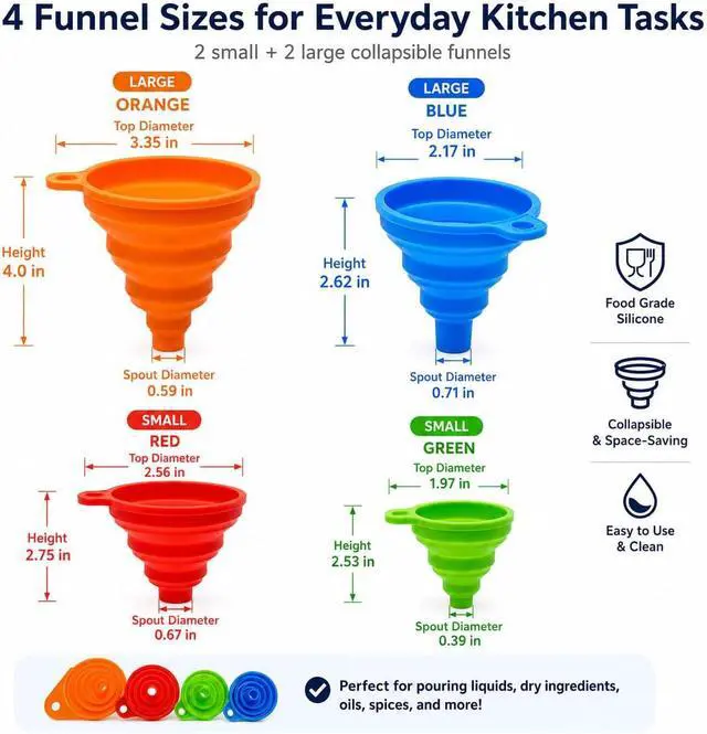 Alt view image 2 of 7 - Collapsible Silicone Kitchen Funnels, 4 Pack Food Grade Foldable Funnel Set, 2 Small & 2 Large Funnels for Bottles, Oil, Spice Jars, Liquid Transfer, Dishwasher Safe