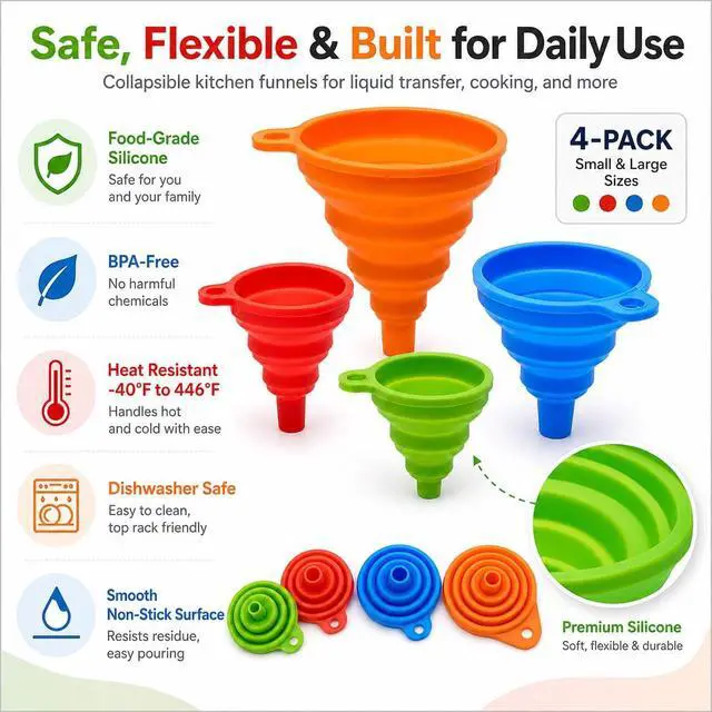 Alt view image 3 of 7 - Collapsible Silicone Kitchen Funnels, 4 Pack Food Grade Foldable Funnel Set, 2 Small & 2 Large Funnels for Bottles, Oil, Spice Jars, Liquid Transfer, Dishwasher Safe
