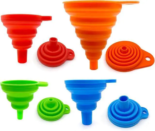 Main image of Collapsible Silicone Kitchen Funnels, 4 Pack Food Grade Foldable Funnel Set, 2 Small & 2 Large Funnels for Bottles, Oil, Spice Jars, Liquid Transfer, Dishwasher Safe