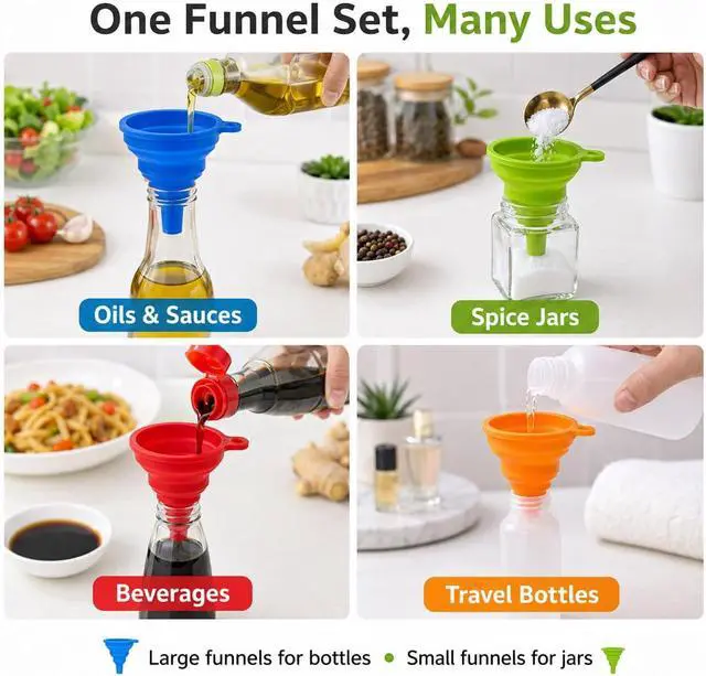 Alt view image 4 of 7 - Collapsible Silicone Kitchen Funnels, 4 Pack Food Grade Foldable Funnel Set, 2 Small & 2 Large Funnels for Bottles, Oil, Spice Jars, Liquid Transfer, Dishwasher Safe