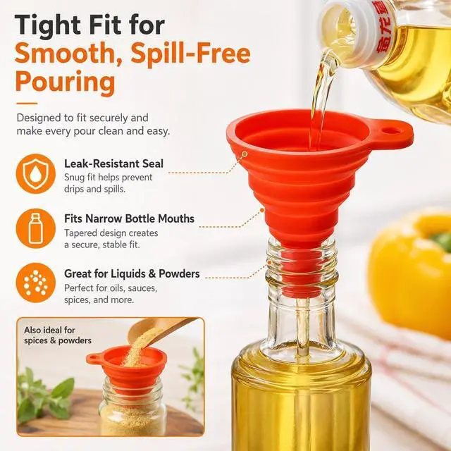 Alt view image 5 of 7 - Collapsible Silicone Kitchen Funnels, 4 Pack Food Grade Foldable Funnel Set, 2 Small & 2 Large Funnels for Bottles, Oil, Spice Jars, Liquid Transfer, Dishwasher Safe