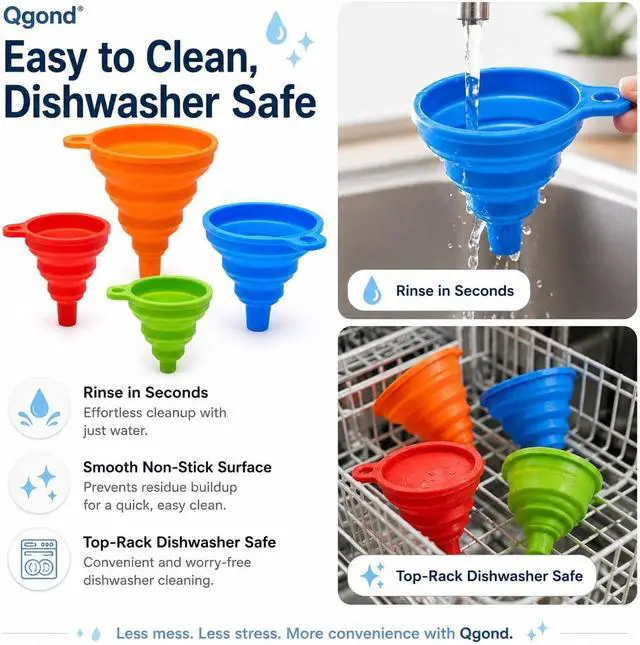 Alt view image 7 of 7 - Collapsible Silicone Kitchen Funnels, 4 Pack Food Grade Foldable Funnel Set, 2 Small & 2 Large Funnels for Bottles, Oil, Spice Jars, Liquid Transfer, Dishwasher Safe