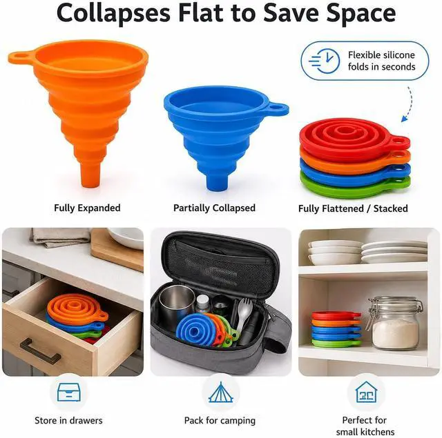Alt view image 6 of 7 - Collapsible Silicone Kitchen Funnels, 4 Pack Food Grade Foldable Funnel Set, 2 Small & 2 Large Funnels for Bottles, Oil, Spice Jars, Liquid Transfer, Dishwasher Safe