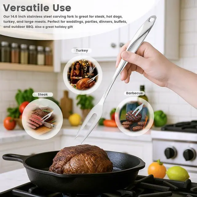 Alt view image 2 of 7 - HANSGO 14.6" Stainless Steel Carving Fork for Meat, 2-Prong Serving & Grilling Fork with Hanging Hole, Hollow Handle for Better Heat Reduction, Kitchen Utensil for Cooking & Serving
