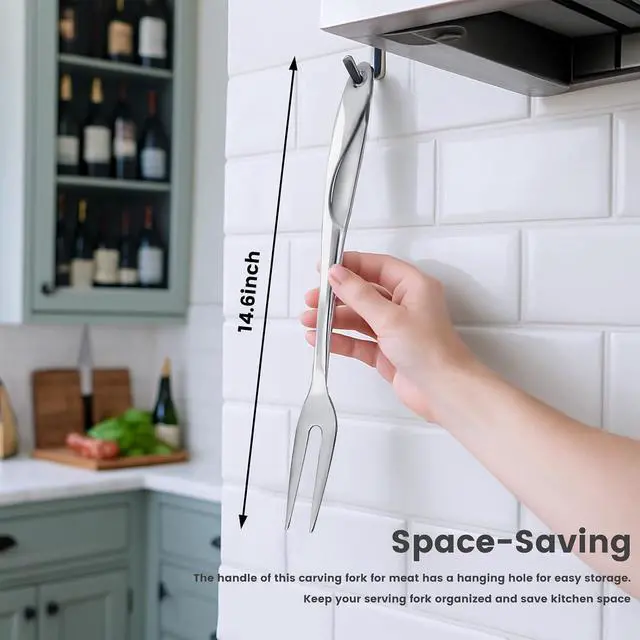Alt view image 6 of 7 - HANSGO 14.6" Stainless Steel Carving Fork for Meat, 2-Prong Serving & Grilling Fork with Hanging Hole, Hollow Handle for Better Heat Reduction, Kitchen Utensil for Cooking & Serving