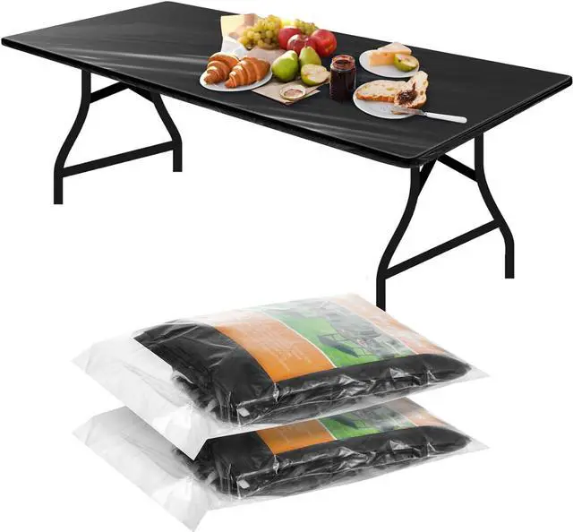 Main image of Boao 2 Pcs Plastic Table Cloths 72" x 30" Disposable for Fall Parties Picnic Table Covers with Elastic Fitted Elastic Cover Rectangle Waterproof for Thanks Giving Camping(Black)