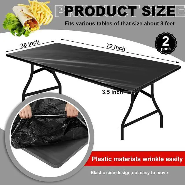 Alt view image 2 of 7 - Boao 2 Pcs Plastic Table Cloths 72" x 30" Disposable for Fall Parties Picnic Table Covers with Elastic Fitted Elastic Cover Rectangle Waterproof for Thanks Giving Camping(Black)