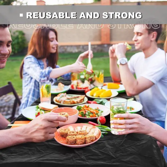 Alt view image 5 of 7 - Boao 2 Pcs Plastic Table Cloths 72" x 30" Disposable for Fall Parties Picnic Table Covers with Elastic Fitted Elastic Cover Rectangle Waterproof for Thanks Giving Camping(Black)