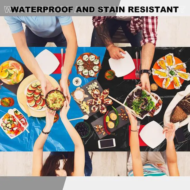 Alt view image 7 of 7 - Boao 2 Pcs Plastic Table Cloths 72" x 30" Disposable for Fall Parties Picnic Table Covers with Elastic Fitted Elastic Cover Rectangle Waterproof for Thanks Giving Camping(Black)