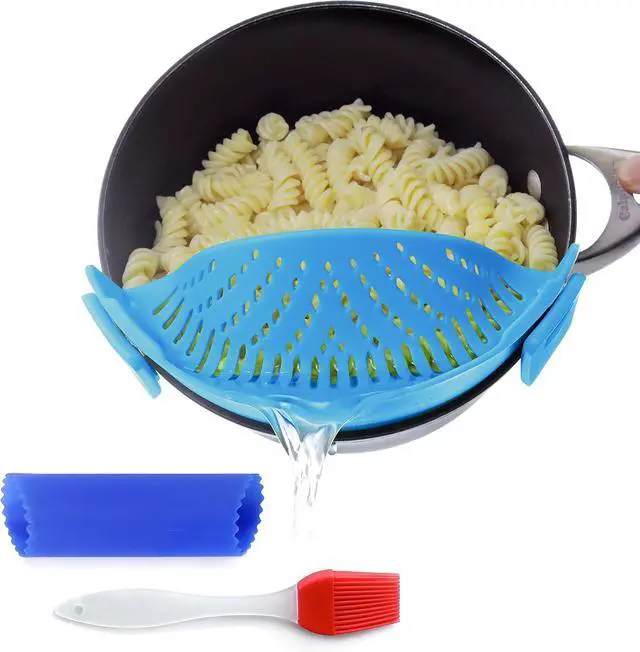 Main image of Clip On Kitchen Food Strainer for Spaghetti, Meat, Pasta, & Ground Beef Grease, Colander & Sieve Snaps or Clips Onto Bowls, Pots & Pans Includes Silicone Drainer, Brush & Garlic Peeler (LtBlue)