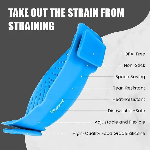 Alt view image 3 of 7 - Clip On Kitchen Food Strainer for Spaghetti, Meat, Pasta, & Ground Beef Grease, Colander & Sieve Snaps or Clips Onto Bowls, Pots & Pans Includes Silicone Drainer, Brush & Garlic Peeler (LtBlue)