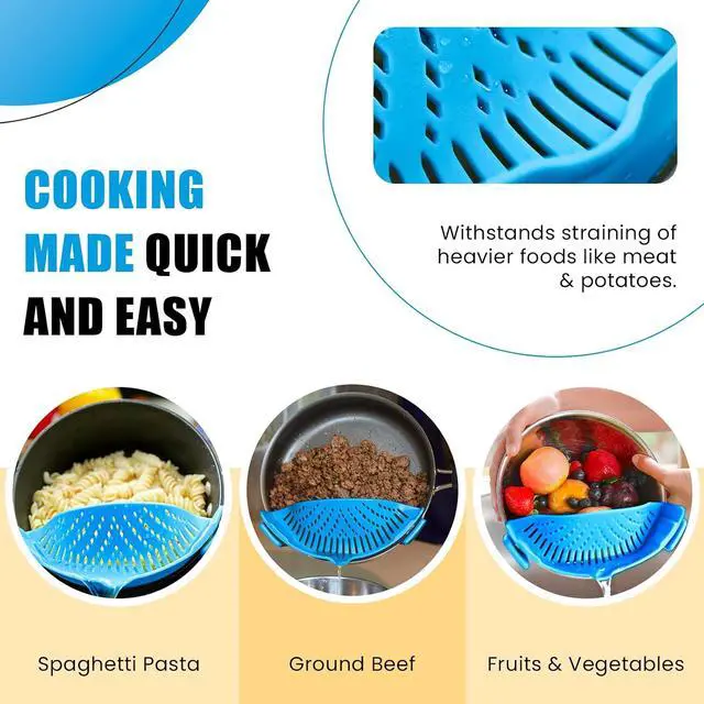 Alt view image 5 of 7 - Clip On Kitchen Food Strainer for Spaghetti, Meat, Pasta, & Ground Beef Grease, Colander & Sieve Snaps or Clips Onto Bowls, Pots & Pans Includes Silicone Drainer, Brush & Garlic Peeler (LtBlue)
