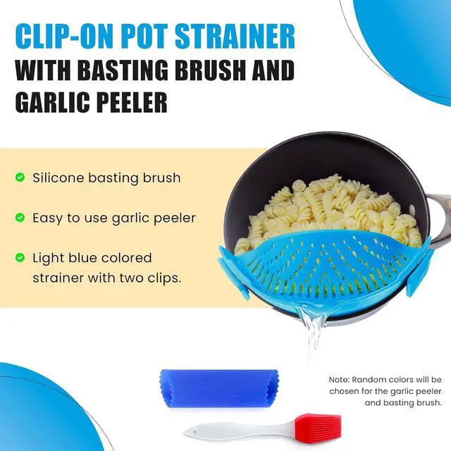 Alt view image 2 of 7 - Clip On Kitchen Food Strainer for Spaghetti, Meat, Pasta, & Ground Beef Grease, Colander & Sieve Snaps or Clips Onto Bowls, Pots & Pans Includes Silicone Drainer, Brush & Garlic Peeler (LtBlue)