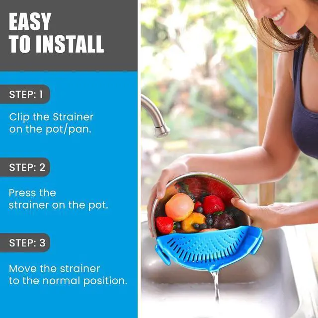 Alt view image 4 of 7 - Clip On Kitchen Food Strainer for Spaghetti, Meat, Pasta, & Ground Beef Grease, Colander & Sieve Snaps or Clips Onto Bowls, Pots & Pans Includes Silicone Drainer, Brush & Garlic Peeler (LtBlue)
