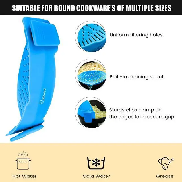 Alt view image 6 of 7 - Clip On Kitchen Food Strainer for Spaghetti, Meat, Pasta, & Ground Beef Grease, Colander & Sieve Snaps or Clips Onto Bowls, Pots & Pans Includes Silicone Drainer, Brush & Garlic Peeler (LtBlue)