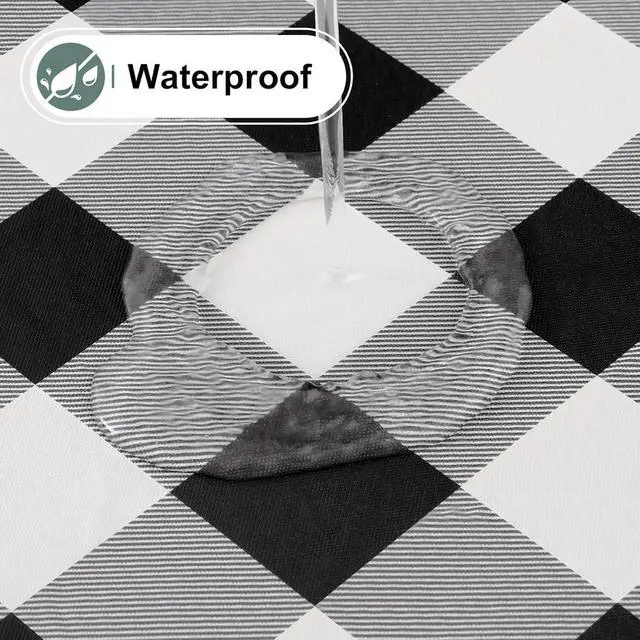 Alt view image 2 of 7 - misaya Round Fitted Tablecloth with Elastic Edge, Buffalo Plaid Waterproof Vinyl Flannel Backed Table Cloth Cover Fits 18"-24" Round Tables for Dinner, Outdoor, Picnic, Black White Check