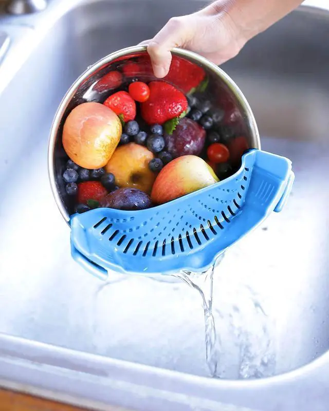 Alt view image 7 of 7 - Clip On Kitchen Food Strainer for Spaghetti, Meat, Pasta, & Ground Beef Grease, Colander & Sieve Snaps or Clips Onto Bowls, Pots & Pans Includes Silicone Drainer, Brush & Garlic Peeler (LtBlue)