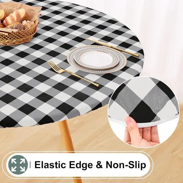 Alt view image 5 of 7 - misaya Round Fitted Tablecloth with Elastic Edge, Buffalo Plaid Waterproof Vinyl Flannel Backed Table Cloth Cover Fits 18"-24" Round Tables for Dinner, Outdoor, Picnic, Black White Check