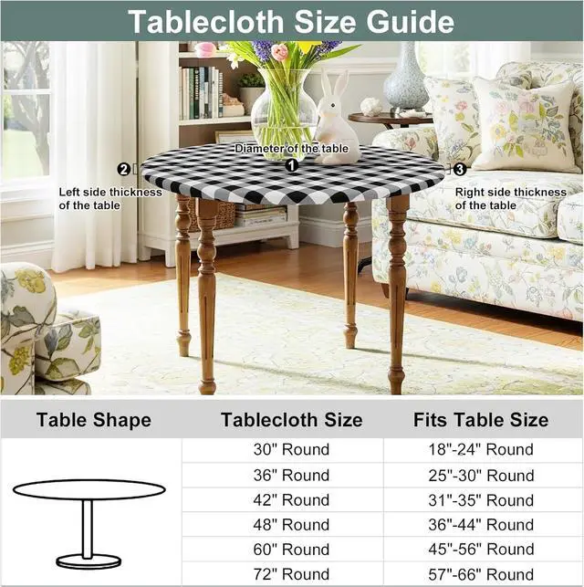Alt view image 6 of 7 - misaya Round Fitted Tablecloth with Elastic Edge, Buffalo Plaid Waterproof Vinyl Flannel Backed Table Cloth Cover Fits 18"-24" Round Tables for Dinner, Outdoor, Picnic, Black White Check