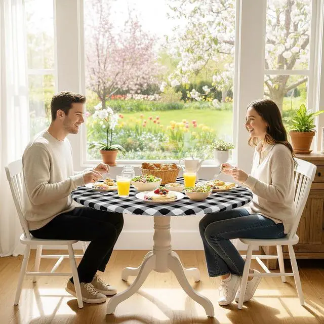Alt view image 7 of 7 - misaya Round Fitted Tablecloth with Elastic Edge, Buffalo Plaid Waterproof Vinyl Flannel Backed Table Cloth Cover Fits 18"-24" Round Tables for Dinner, Outdoor, Picnic, Black White Check