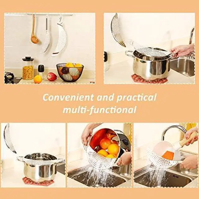 Alt view image 4 of 6 - Boao 2 Pieces Pot Strainer with Handle for Pan,Fits Up to 10 in | Stainless Steel,Recessed Hand Grips, Clip-On Pan Edge, Pasta Strainer,Suitable for Kitchen