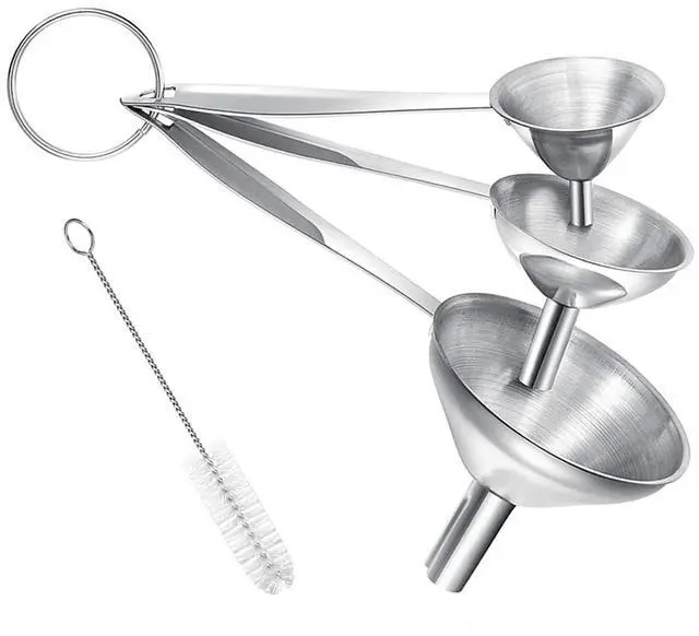 Main image of Small Funnels for Filling Bottles, 3 Pcs Stainless Steel Kitchen Funnel Set, Food Grade Mini Metal Funnel for Transferring Oil Liquid, Easy Cleaning with a Brush (Long Handle)