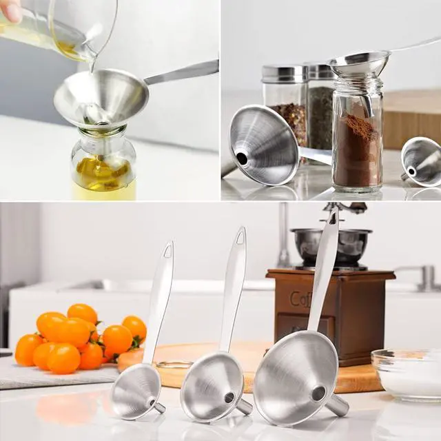 Alt view image 2 of 7 - Small Funnels for Filling Bottles, 3 Pcs Stainless Steel Kitchen Funnel Set, Food Grade Mini Metal Funnel for Transferring Oil Liquid, Easy Cleaning with a Brush (Long Handle)