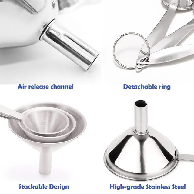 Alt view image 3 of 7 - Small Funnels for Filling Bottles, 3 Pcs Stainless Steel Kitchen Funnel Set, Food Grade Mini Metal Funnel for Transferring Oil Liquid, Easy Cleaning with a Brush (Long Handle)