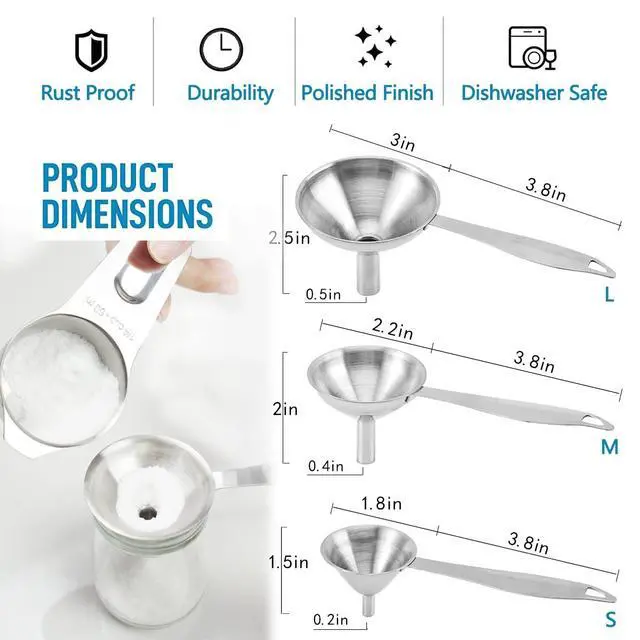 Alt view image 7 of 7 - Small Funnels for Filling Bottles, 3 Pcs Stainless Steel Kitchen Funnel Set, Food Grade Mini Metal Funnel for Transferring Oil Liquid, Easy Cleaning with a Brush (Long Handle)