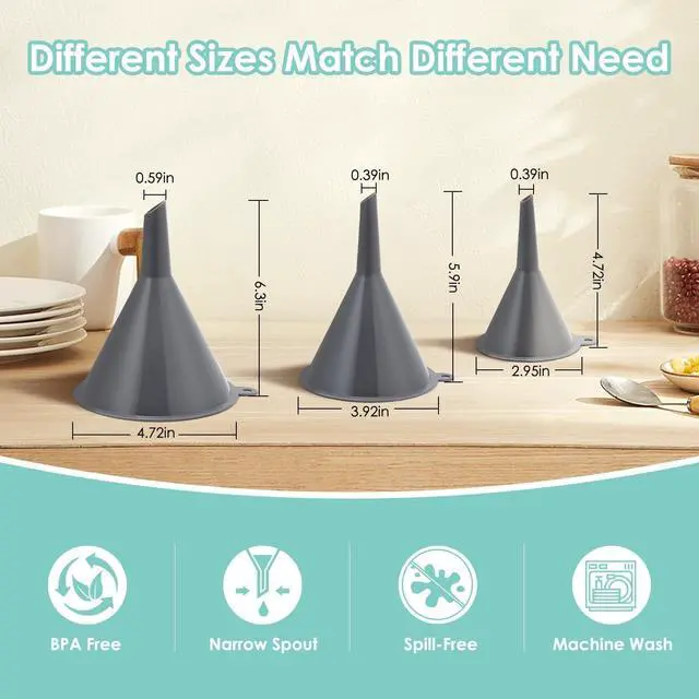 Alt view image 2 of 6 - Plastic Kitchen Funnel Set of 3, Durable Round Food Grade Cooking Funnels for Kitchen Use Filling Bottles, Multifunctional Small Medium and Large Sizes for Canning, Lab or Car Oil Use