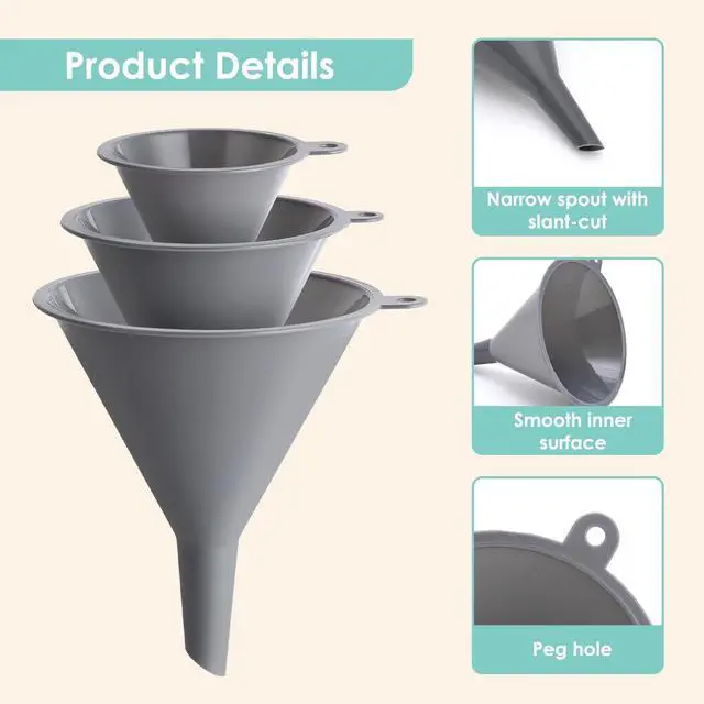 Alt view image 3 of 6 - Plastic Kitchen Funnel Set of 3, Durable Round Food Grade Cooking Funnels for Kitchen Use Filling Bottles, Multifunctional Small Medium and Large Sizes for Canning, Lab or Car Oil Use