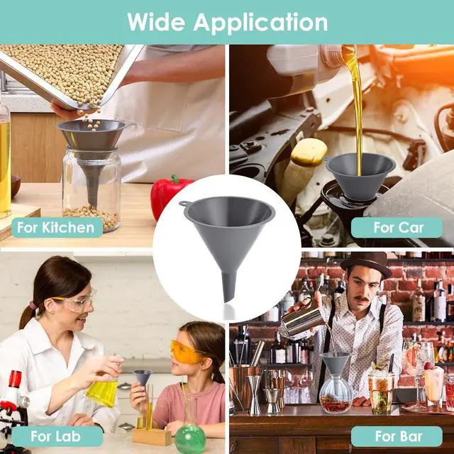 Alt view image 6 of 6 - Plastic Kitchen Funnel Set of 3, Durable Round Food Grade Cooking Funnels for Kitchen Use Filling Bottles, Multifunctional Small Medium and Large Sizes for Canning, Lab or Car Oil Use