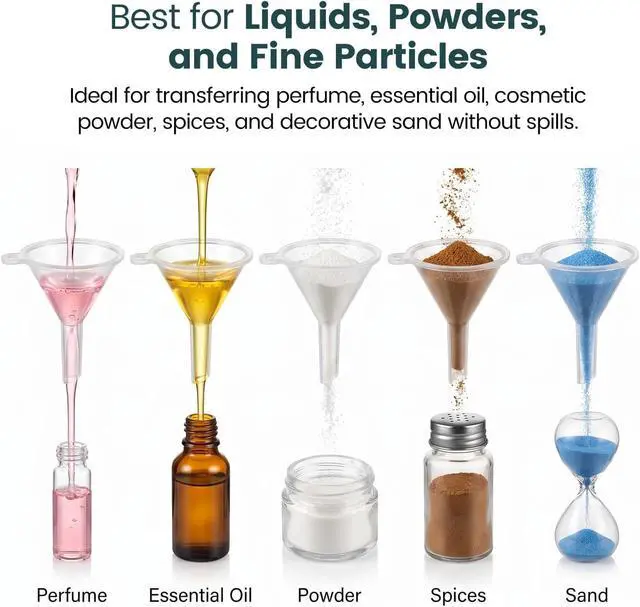 Alt view image 4 of 6 - JOHOUSE 50PCS Mini Funnel for Lab Bottles, Sand Art, Perfumes, Spices, Powder, Essential Oil, Recreational, Kitchen Use Food Grade Clear Plastic Small Funnels