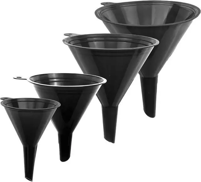 Main image of LIQVEE Funnels for Kitchen Use Black Set in 4 Sizes (122, 101, 76 & 50mm) | Durable, Non-Toxic Food Grade Plastic Ideal for Filling Bottles, Jars & Containers | Perfect for Kitchen, Garage & Labs