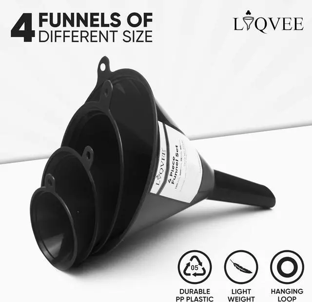 Alt view image 2 of 7 - LIQVEE Funnels for Kitchen Use Black Set in 4 Sizes (122, 101, 76 & 50mm) | Durable, Non-Toxic Food Grade Plastic Ideal for Filling Bottles, Jars & Containers | Perfect for Kitchen, Garage & Labs