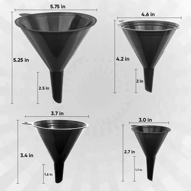 Alt view image 3 of 7 - LIQVEE Funnels for Kitchen Use Black Set in 4 Sizes (122, 101, 76 & 50mm) | Durable, Non-Toxic Food Grade Plastic Ideal for Filling Bottles, Jars & Containers | Perfect for Kitchen, Garage & Labs