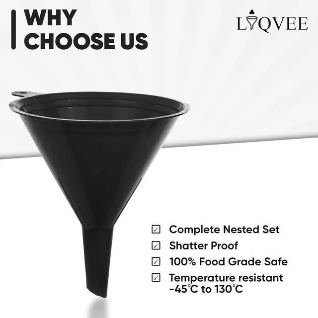 Alt view image 6 of 7 - LIQVEE Funnels for Kitchen Use Black Set in 4 Sizes (122, 101, 76 & 50mm) | Durable, Non-Toxic Food Grade Plastic Ideal for Filling Bottles, Jars & Containers | Perfect for Kitchen, Garage & Labs