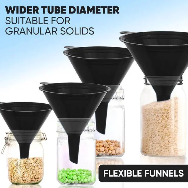 Alt view image 7 of 7 - LIQVEE Funnels for Kitchen Use Black Set in 4 Sizes (122, 101, 76 & 50mm) | Durable, Non-Toxic Food Grade Plastic Ideal for Filling Bottles, Jars & Containers | Perfect for Kitchen, Garage & Labs