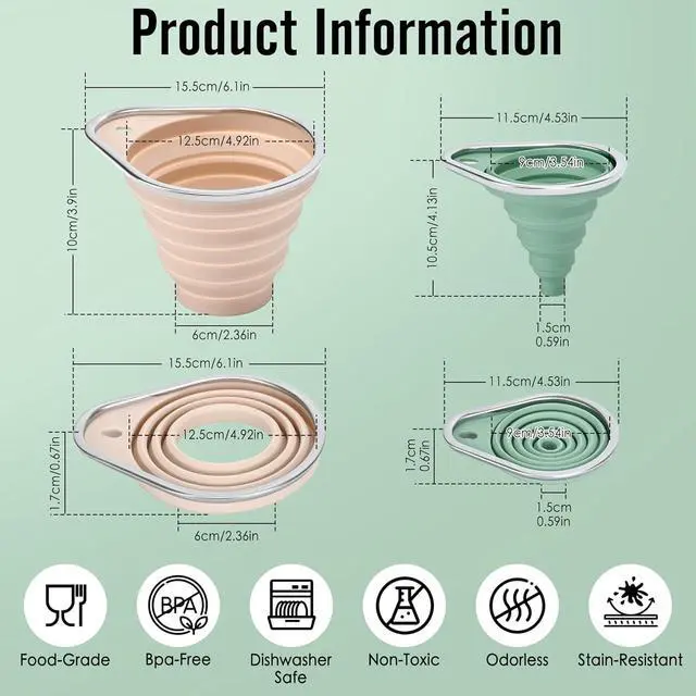 Alt view image 5 of 7 - Stainless Steel Rim Silicone Collapsible Funnel Set, 2 Pack Large & Small Wide Mouth Kitchen Funnels for Mason Jar Canning, Bottle Filling, Food Grade Liquid & Powder Transfer
