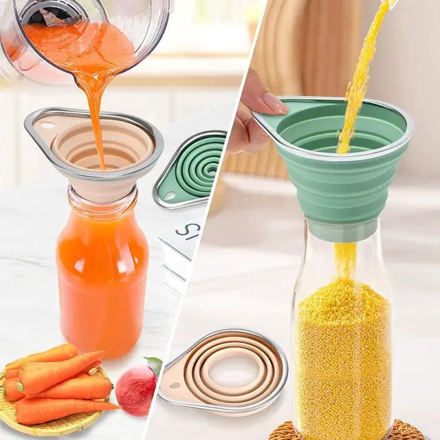 Alt view image 7 of 7 - Stainless Steel Rim Silicone Collapsible Funnel Set, 2 Pack Large & Small Wide Mouth Kitchen Funnels for Mason Jar Canning, Bottle Filling, Food Grade Liquid & Powder Transfer