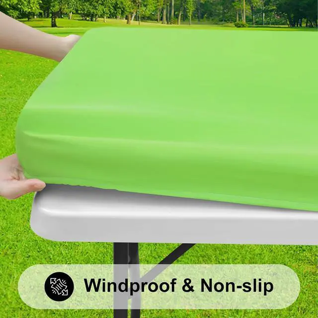 Alt view image 2 of 7 - Smiry Rectangle Tablecloth, Elastic Fitted Flannel Backed Vinyl Tablecloths for 4ft Folding Tables, Waterproof Wipeable Table Covers for Indoor, Outdoor, Picnic and Camping (Lime Green, 30"x48")