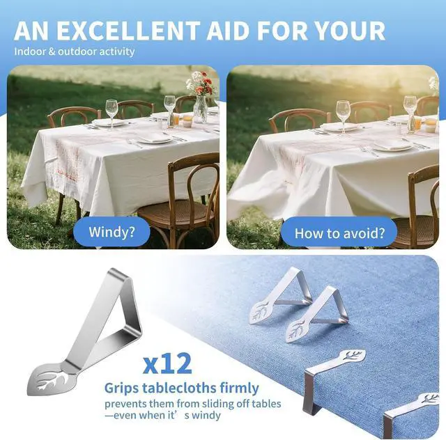 Alt view image 5 of 7 - Tablecloth Clips 12 Pack, Heavy Duty Stainless Steel Picnic Table Cloth Holder Clips, Windproof Tablecloth Clips for Outdoor Tables, Perfect for Restaurant Parties, Weddings, Camping