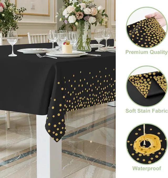 Alt view image 3 of 7 - Smiry 3 Pack Dot Disposable Tablecloth, 54 x 108 Inch Waterproof Plastic Table Cloth, Decorative Table Covers for Picnic, Party, Outdoor, Gold in Black