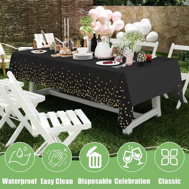 Alt view image 5 of 7 - Smiry 3 Pack Dot Disposable Tablecloth, 54 x 108 Inch Waterproof Plastic Table Cloth, Decorative Table Covers for Picnic, Party, Outdoor, Gold in Black