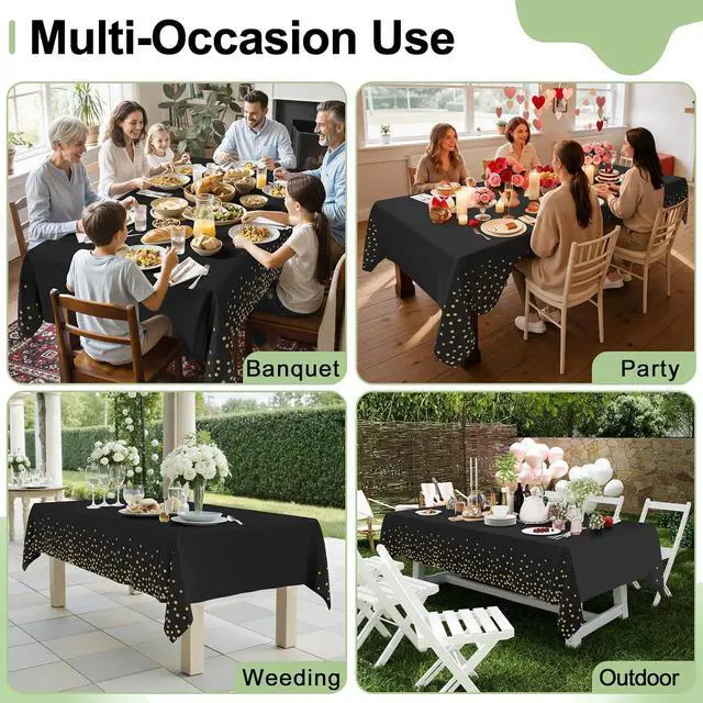 Alt view image 7 of 7 - Smiry 3 Pack Dot Disposable Tablecloth, 54 x 108 Inch Waterproof Plastic Table Cloth, Decorative Table Covers for Picnic, Party, Outdoor, Gold in Black