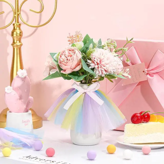 Alt view image 4 of 7 - Tatuo 12 Pieces Mini Tutu Table Skirt Wine Bottle Cover Tutu Skirt Tulle Vase Skirt Decor Garland Centerpieces for Wedding Baby Shower Cake Dessert Birthday Party(Pastel Color)