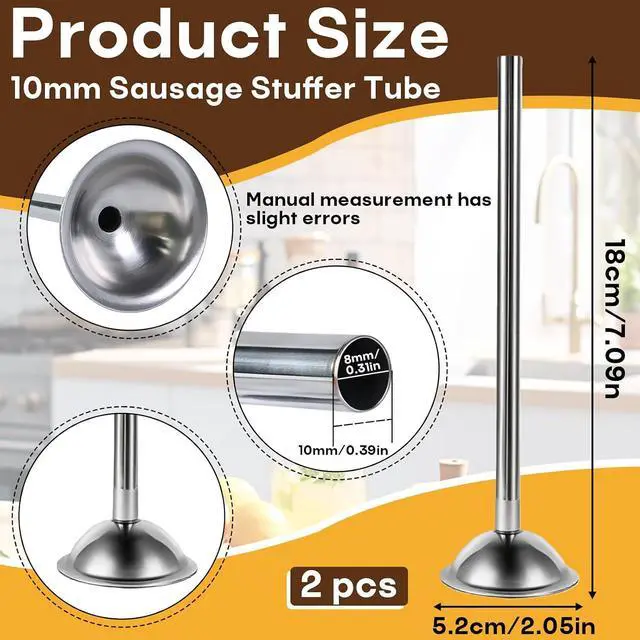 Alt view image 3 of 7 - 2-Pack 10mm Stainless Steel Sausage Stuffing Tubes for #5 Sausage Stuffer | Fit to Homemade Snack Sticks & Breakfast Links, Slim Sausage Stuffing HornFor Manual/Electric Meat Sausage Stuffer